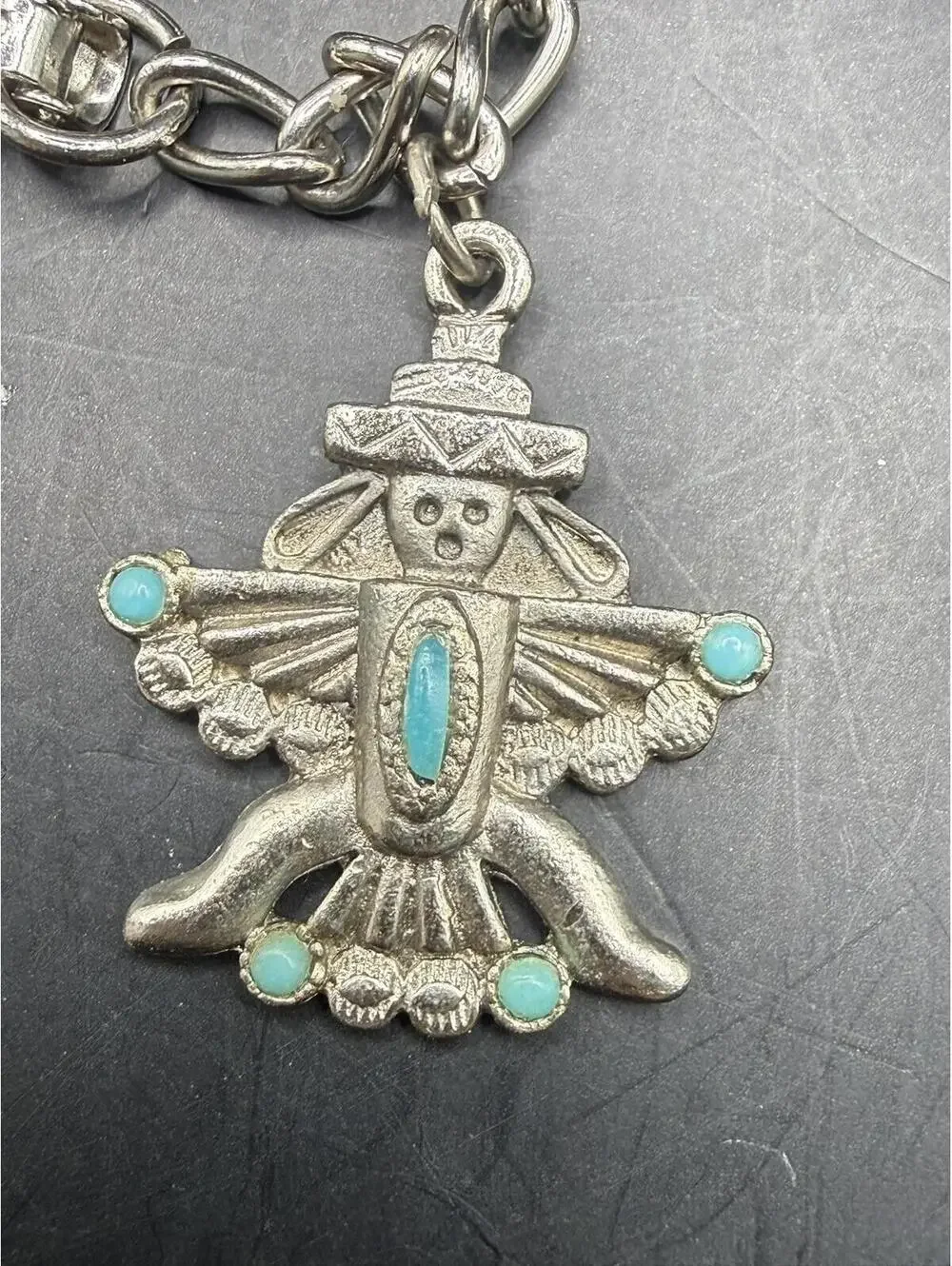 Vintage Tibetan Silver Toned Charm Bracelet - 5 Turquoise Inlay Figural Charms